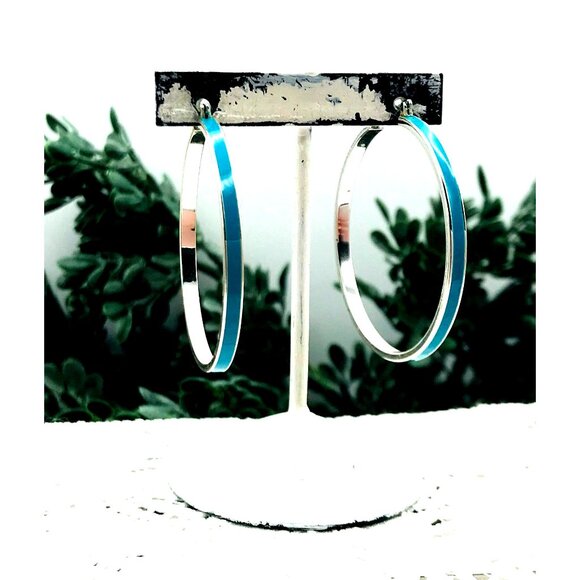 Silver Tone Hoop Earrings With Aqua Enamel Accent - Picture 6 of 7